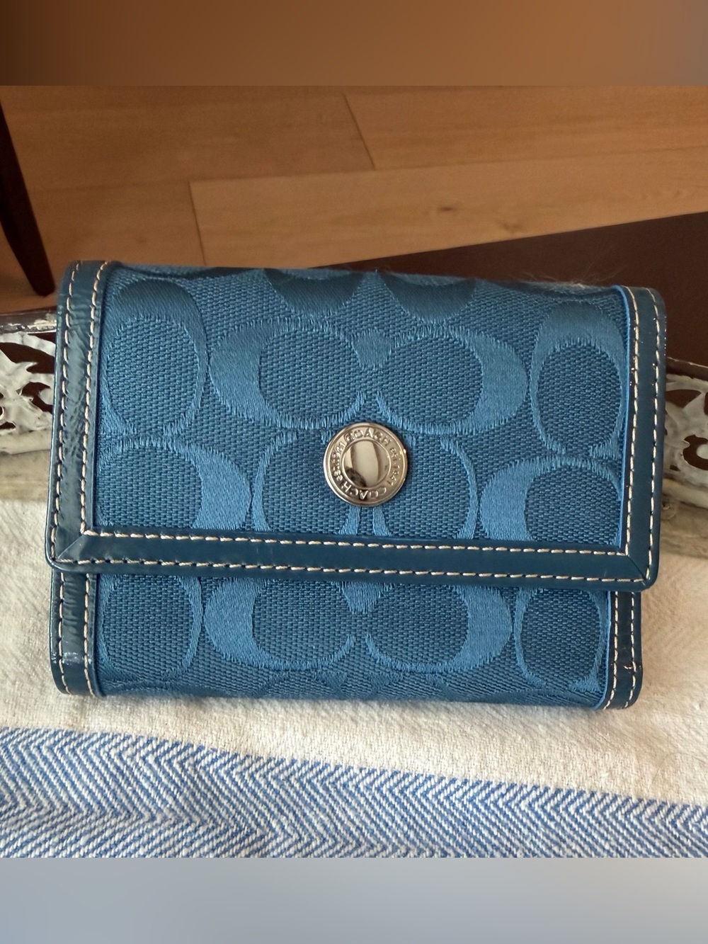 Bright Blue COACH Bifold Snap Wallet, Leather & Signature Jacquard